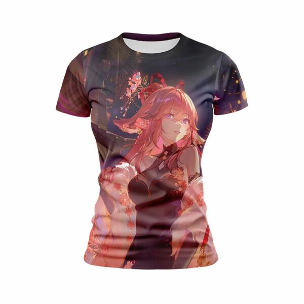 Футболка жіноча спортивна з принтом «Яє Міко в сукні. Геншин Імпакт. Yae Miko in a dress. Genshin Impact»